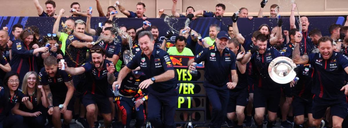 Max Verstappen (NLD) Red Bull Racing RB19 p celebrates with the team on his 1st place with Christian Horner (GBR) Red Bull Racing Team Principal and Adrian Newey (GBR) Red Bull Racing Chief Technical Officer 04.06.2023. Formula 1 World Championship, Rd 8, Spanish Grand Prix, Barcelona, Spain, Race Day. - www.xpbimages.com, EMail: requests@xpbimages.com © Copyright: Batchelor / XPB Images