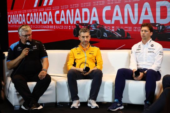 (L to R): Otmar Szafnauer (USA) Alpine F1 Team, Team Principal; Andrea Stella (ITA) McLaren Team Principal; and James Vowles (GBR) Williams Racing Team Principal, in the FIA Press Conference.
16.06.2023. Formula 1 World Championship, Rd 9, Canadian Grand Prix, Montreal, Canada, Practice Day.
- www.xpbimages.com, EMail: requests@xpbimages.com © Copyright: Batchelor / XPB Images