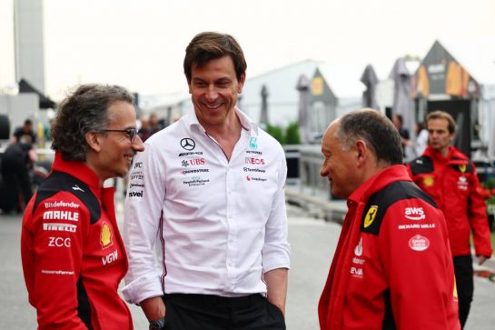 (L to R): Laurent Mekies (FRA) Ferrari Sporting Director with Toto Wolff (GER) Mercedes AMG F1 Shareholder and Executive Director and Frederic Vasseur (FRA) Ferrari Team Principal.
16.06.2023. Formula 1 World Championship, Rd 9, Canadian Grand Prix, Montreal, Canada, Practice Day.
- www.xpbimages.com, EMail: requests@xpbimages.com © Copyright: Batchelor / XPB Images