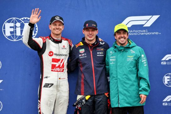 Qualifying top three in parc ferme (L to R): Nico Hulkenberg (GER) Haas F1 Team, second; Max Verstappen (NLD) Red Bull Racing, pole position; Fernando Alonso (ESP) Aston Martin F1 Team, third.
17.06.2023. Formula 1 World Championship, Rd 9, Canadian Grand Prix, Montreal, Canada, Qualifying Day.
- www.xpbimages.com, EMail: requests@xpbimages.com © Copyright: Batchelor / XPB Images