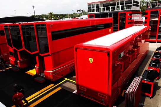 Ferrari trucks in the paddock.
10.05.2018. Formula 1 World Championship, Rd 5, Spanish Grand Prix, Barcelona, Spain, Preparation Day.
- www.xpbimages.com, EMail: requests@xpbimages.com - copy of publication required for printed pictures. Every used picture is fee-liable. © Copyright: Photo4 / XPB Images